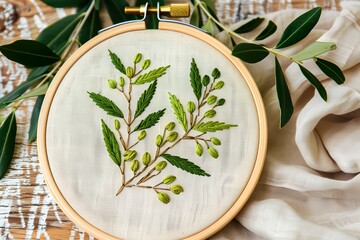 Canvas Print - A green leafy embroidered on a white fabric. The embroidery is done in a very detailed manner