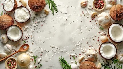 Canvas Print - Top view of a rustic kitchen scene with coconut, various spices, and herbs on a textured white background. Perfect for culinary blogs, recipe websites, and food magazines. AI