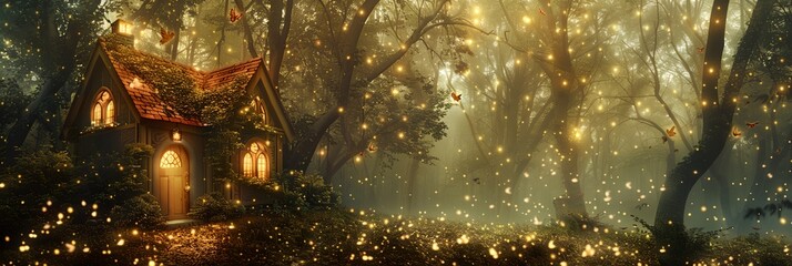 Wall Mural - A house with a green roof and a window is surrounded by trees. The trees are lit up with fireflies