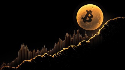 Wall Mural - Business trend chart illustrating Bitcoin's rise with a dramatic upward curve, reaching a moon symbol at the peak.