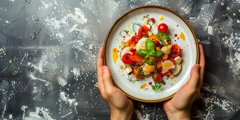 Wall Mural - A person is holding a plate of food with a variety of vegetables, including tomatoes, carrots, and basil. The plate is placed on a countertop, and the person appears to be enjoying the meal