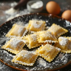 Poster - Homemade ravioli dusted with flour on a dark plate, presented alongside eggs and flour. A classic culinary style. Ideal for food and cooking concepts. Perfect for recipe illustrations. AI