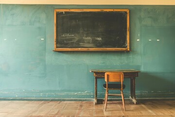 A minimalist classroom setting with a single, empty desk and chair, a blackboard back to school