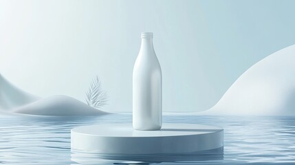 Canvas Print - Fresh organic white juice advertising template featuring a 3D glass bottle displayed on a sleek platform floating above the water surface, capturing the essence of purity and freshness.