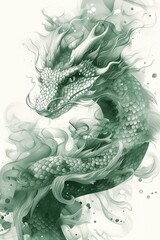 Wall Mural - A green dragon with a fiery tail and a menacing look on its face. The dragon is surrounded by smoke, giving it an ominous and powerful appearance