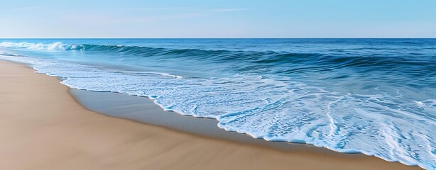 Wall Mural - a semi close-up watercolor style picture of a peaceful beach scene with gentle waves and a distant h