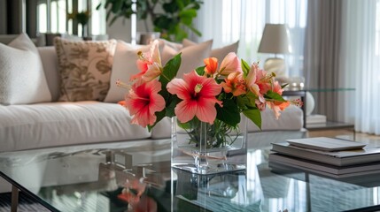 Poster - A clear vase filled with vibrant hibiscus flowers sits atop a glass table in a stylish living room, complemented by plush cushions and modern decor.