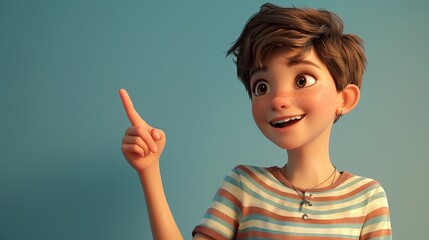 Wall Mural - A boy with short hair and a striped shirt is pointing with a confident grin, standing in front of a soft blue background that enhances his cheerful demeanor