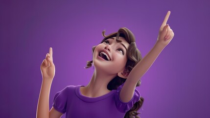 A cheerful girl in a purple dress is pointing upwards with a playful smile, the bright purple background creating a vibrant and fun atmosphere