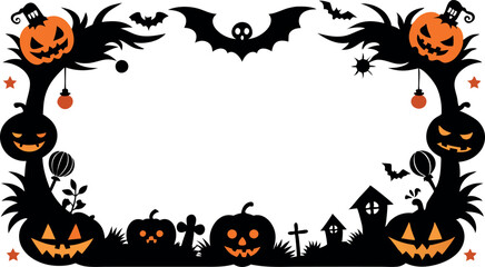 A Halloween themed frame with bats, pumpkins, and other Halloween decorations. The frame is black and white and has a spooky feel to it