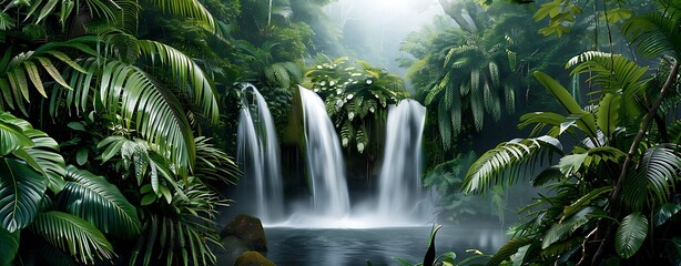 Wall Mural - a semi close-up watercolor style picture of a lush tropical rainforest with diverse plant life and a