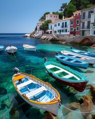 Wall Mural - a semi close-up watercolor style picture of a quaint fishing village by the sea with colorful boats,