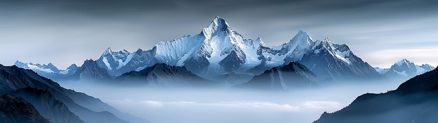 Wall Mural - a semi close-up watercolor style picture of a majestic mountain range with snow-capped peaks, more c
