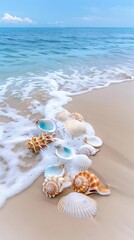 Wall Mural - a close-up watercolor style picture of a serene beach scene with seashells and gentle waves, taken w