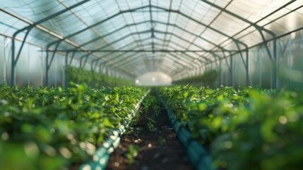Aufkleber - Rows of vibrant green plants thrive inside a greenhouse as soft morning light filters through the glass roof, illuminating the healthy foliage.