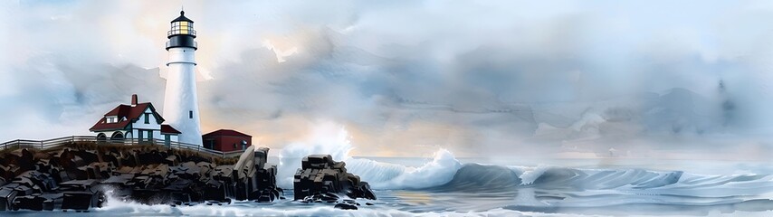 Wall Mural - Semi close-up watercolor of a lighthouse on a rocky coast, waves crashing, more clarity with clear light and sharp focus, high detailed