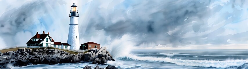 Wall Mural - Semi close-up watercolor of a lighthouse on a rocky coast, waves crashing, more clarity with clear light and sharp focus, high detailed