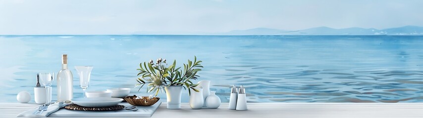 Wall Mural - semi close-up watercolor of a romantic dinner table setup by the beach, elegant and serene, more cla