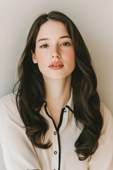 Wall Mural - woman with long, dark brown hair, wearing a cream-colored blouse with black trim and buttons