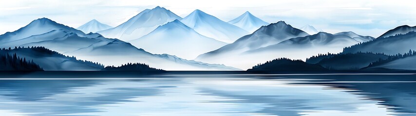 Wall Mural - semi close-up watercolor of a serene lake with mountains in the background, peaceful and majestic, m