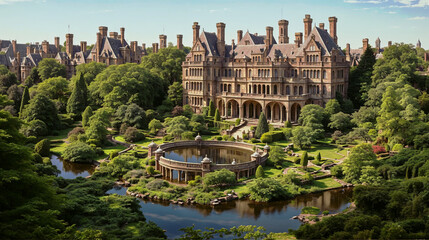 Canvas Print - Aerial view of the palace among lush gardens created with Generative AI technology