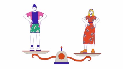 Poster - Gender equality balance line 2D animation. Caucasian woman man scales equity people 4K video motion graphic. Male female equilibrium linear animated cartoon flat concept, white background