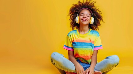 Sticker - A smiling young girl with curly hair, wearing a colorful T-shirt, is sitting cross-legged on the floor with oversized headphones on