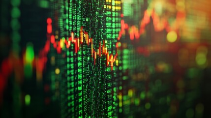Aufkleber - Close-up of a gold stock market graph with green and red candlesticks on a screen.