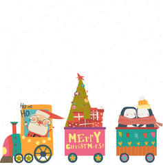 Wall Mural - Cheerful Christmas train with Santa and animals. Vector illustration