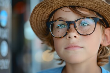 Wall Mural - A young boy wearing glasses and a straw hat. He is looking at the camera with a smile on his face