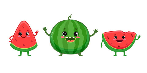 Wall Mural - set of cute watermelon character isolated on white background. Cartoon fruit, slice of watermelon. Vector illustration