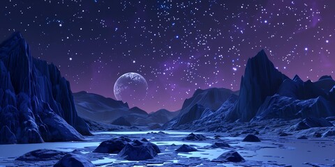 Wall Mural - a beautiful night sky with a large planet in the middle. the sky is filled with stars and the mounta