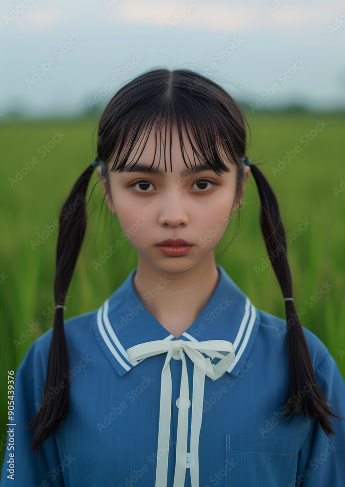 A Chinese girl wearing ponytails and a blue school uniform faces the ...