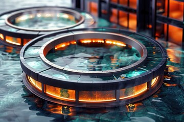 Futuristic Circular Platform with Water and Lights