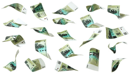 Aufkleber - 3D rendering of set of 100 Zimbabwe gold Zig notes flying in different angles and orientations isolated on transparent background