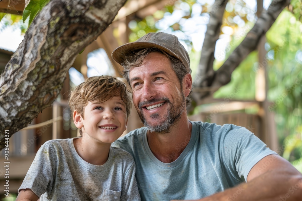 Dad and son laughing together while building a treehouse in their ...