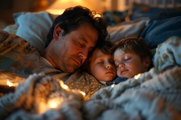 Wall Mural - Dad reading a bedtime story to his children, all snuggled up in bed