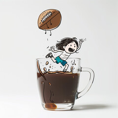 A cartoon character with big eyes, wearing blue and red swim shorts, dives into a coffee cup with brown liquid and steaming black coffee, all drawn in simple black ink on a white background.