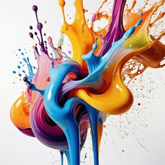 Wall Mural - A vibrant bright artistic splash of multicolored paint isolated on white background. Swirling shades of blue, orange, yellow, purple, and pink. Dynamic movement with droplets and splatters.