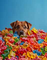 Wall Mural - A dog's head sticks out from a sea of colorful gummy bears, creating an adorable and whimsical scene.Minimal creative food concept.Flat lay 