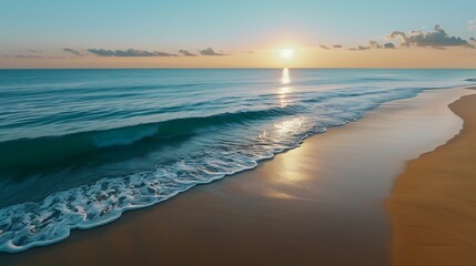Wall Mural - A serene beach at sunrise, with golden light illuminating the gentle waves and pristine sands. Every grain of sand and ripple in the water is captured with remarkable clarity. Low-angle shot, 4K