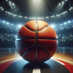 Wall Mural - Close up of a Basketball ball in the center of the stadium all lights on it.