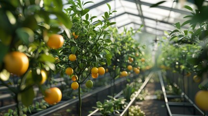 Poster - Golden oranges and vibrant greens flourish in a greenhouse, illuminated by soft morning light, showcasing thriving plants and ripe fruit.