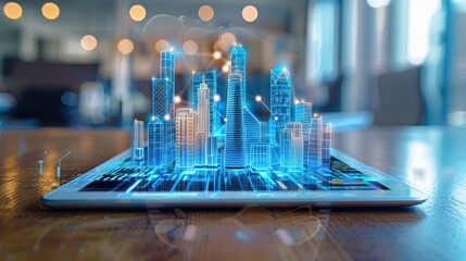 A Digital Cityscape Hologram Projected on a Tablet