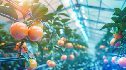 Poster - Ripe oranges hang from vibrant green leaves in a well-lit greenhouse, showcasing a thriving agricultural environment.