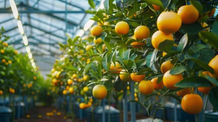 Poster - Ripe oranges hang from vibrant green trees in a greenhouse, showcasing a bountiful harvest under bright lights.