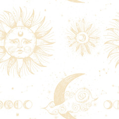 illustration set of moon phases. Different stages of moonlight activity in vintage engraving style. Zodiac Signs	