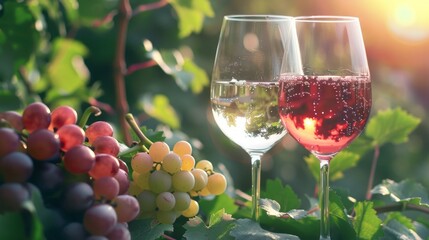 Sparkling Wine and Grapes in a Vineyard