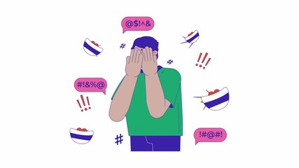 Poster - Victim bullying line 2D animation. Arab man covering eyes depressed 4K video motion graphic. Internet harassment islamophobia. Cyberbullying linear animated cartoon flat concept, white background
