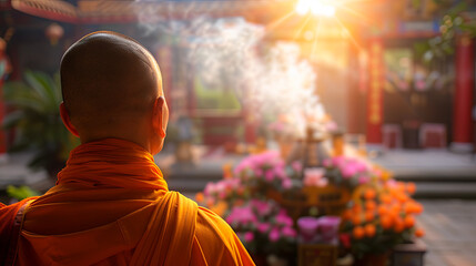 Buddhist monk praying meditation temple spirituality religion faith worship buddhism peace traditional culture asia religious serene harmony ritual mindfulness